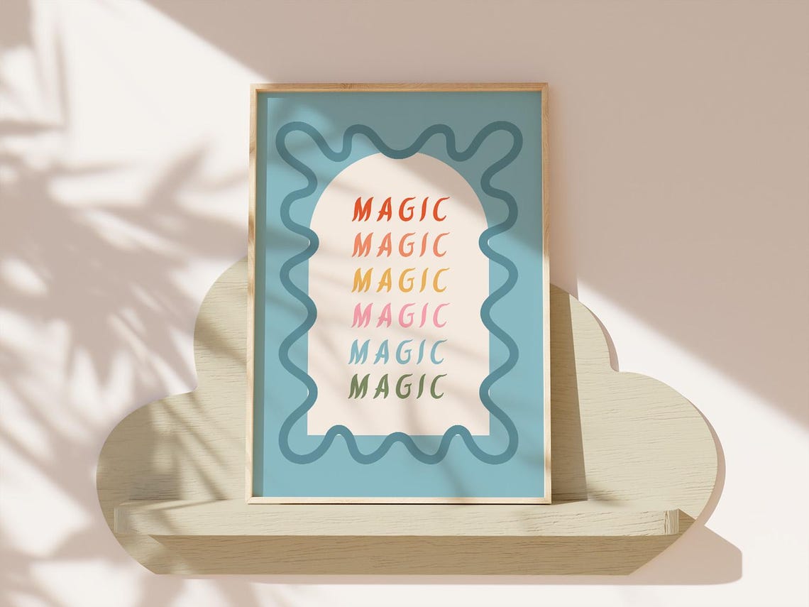 Magic Repeated Rainbow Letters Blue Wavy Frame Kids Room Poster - Image 4