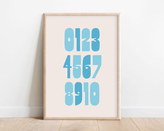 Kids Number Poster Colorful Wall Art Bold Nursery Decor Bright Blue Playroom Preschool Classroom Funky Retro Bedroom Learn To Count