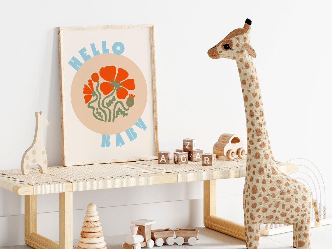 Hello Baby Retro Floral Nursery Poster with Orange Poppy Flower Art - Image 2