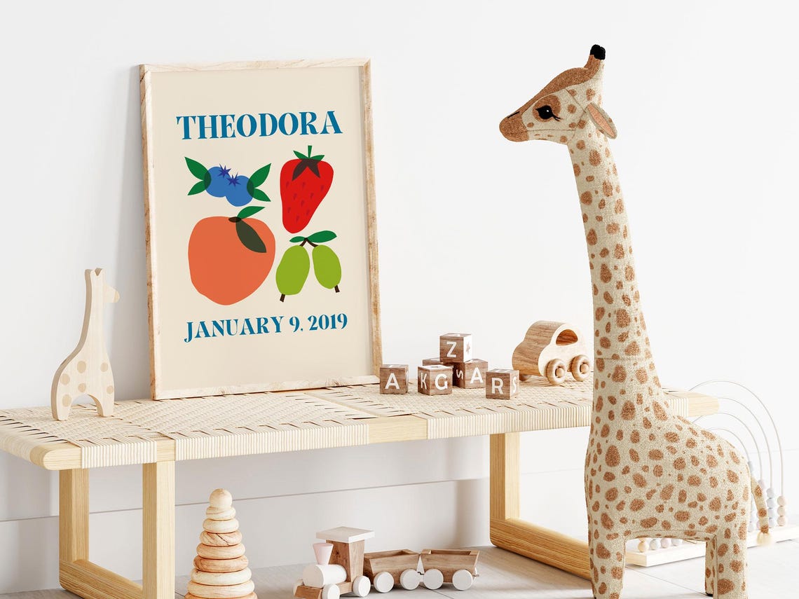 Theodora Personalized Name Birthdate Fruit Art Nursery Poster - Image 2