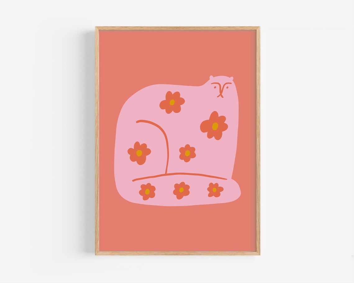 Whimsical Flower Cat Print, Retro Kids Decor