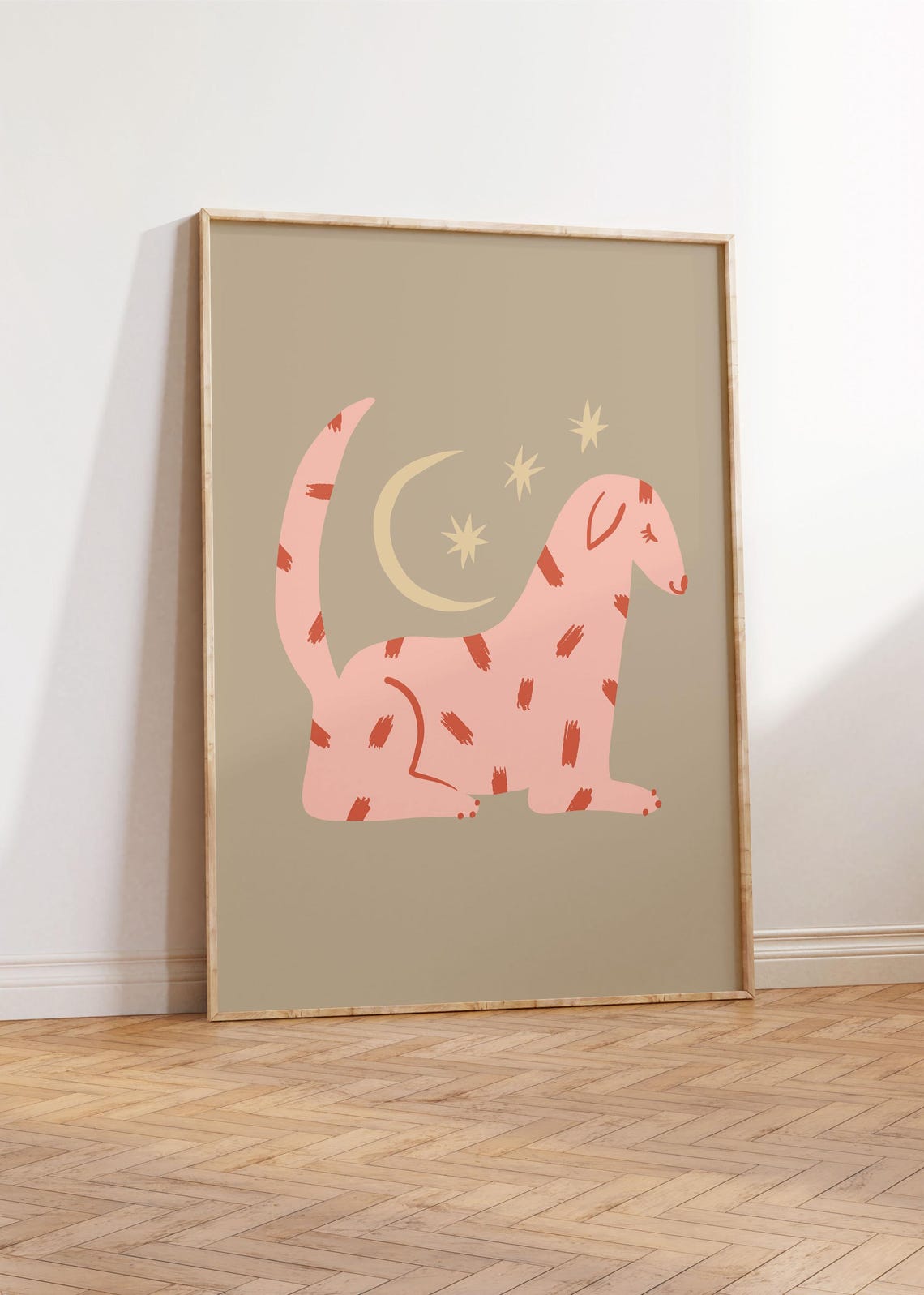 Boho Pink Spotted Dog Moon Stars Sage Nursery Bedroom Wall Art - Image 5