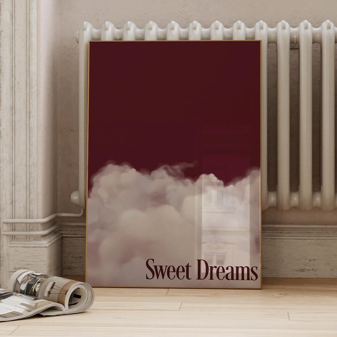 Sweet Dreams Calm Maroon Cloud Serene Moody Bedroom Night Print - Image 2