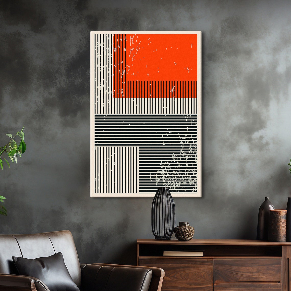 Bold Black Striped Lines with Orange Block Abstract Art Poster