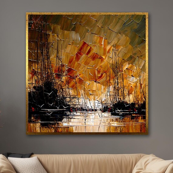 Tall Ships Harbor Sunset Impressionist Gold Seagulls Painting Poster
