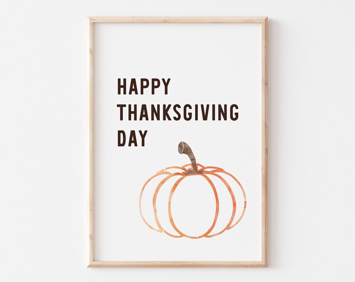 Happy Thanksgiving Day Bold Lettering Orange Pumpkin Watercolor Wall Art