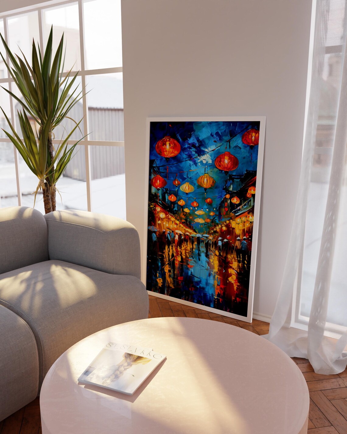 Glowing Red Lanterns Over Rainy Night Street Market Art Poster