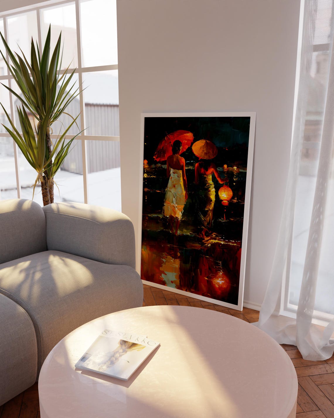 Women With Umbrellas Lantern Stroll Night Beach Oil Art Poster