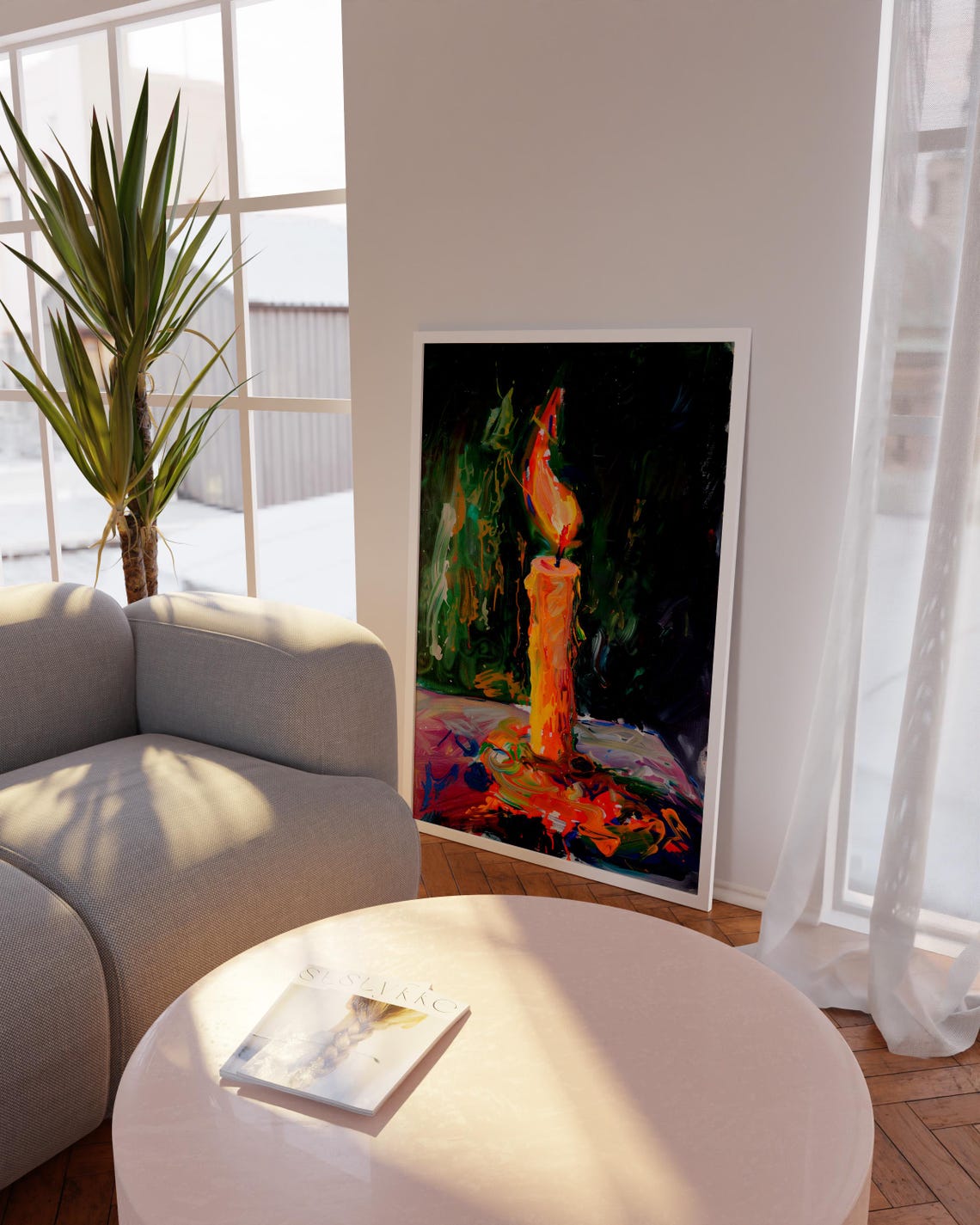 Single Burning Candle Flame Expressionist Moody Dark Art Poster