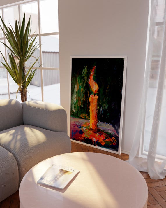 Single Burning Candle Flame Expressionist Moody Dark Art Poster