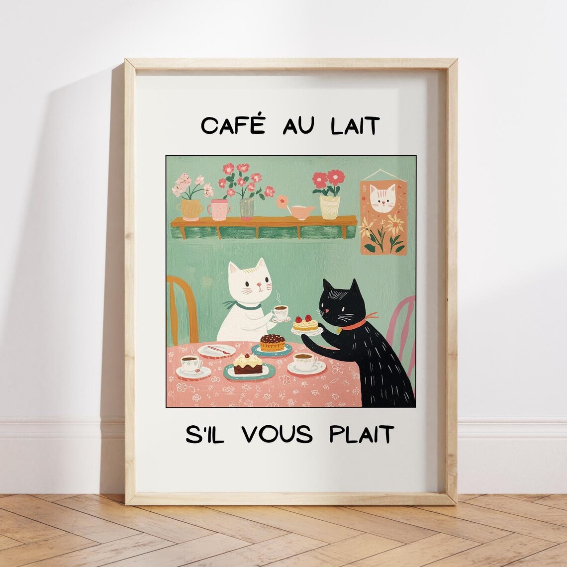 French Cafe Au Lait Cat Print, Funny Kitchen Decor