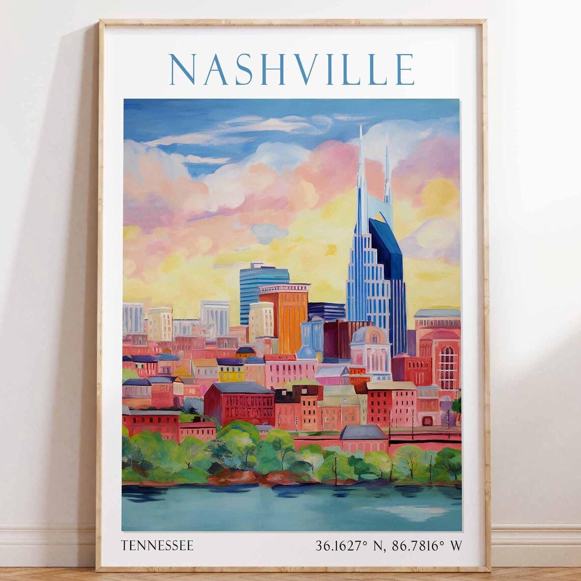 Nashville Tennessee Skyline River Sunset Watercolor Travel Poster