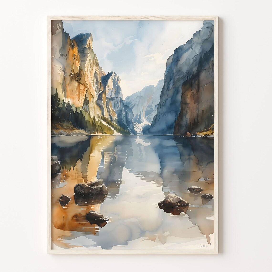 Norway Fjord Steep Cliffs Calm Mirror Lake Watercolor Travel Poster