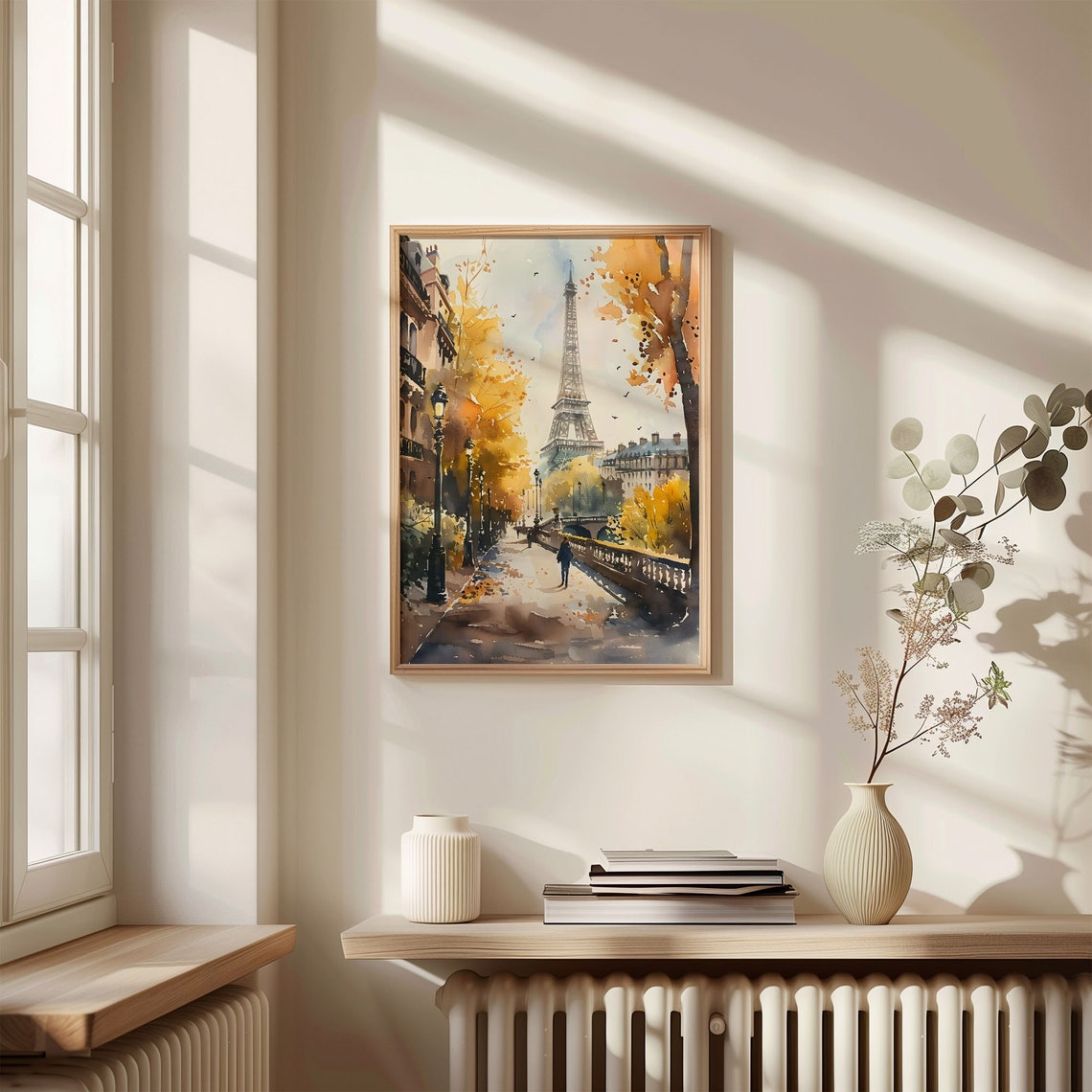 Paris Eiffel Tower Watercolor Poster Autumn Bridge Lampposts Stroll - Image 4