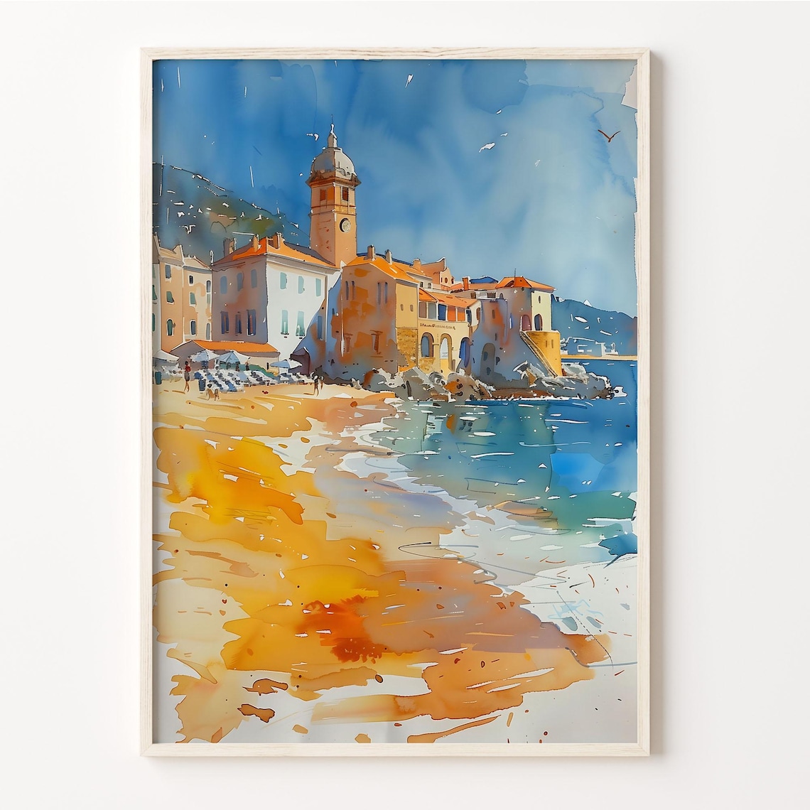 Historic Mediterranean Coastal Town Beach Watercolor Painting Poster