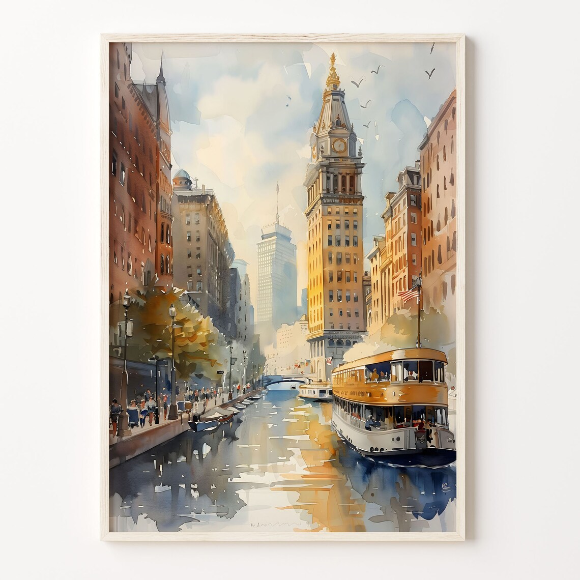 Boston Custom House Tower Canal Ferry Autumn Watercolor Print
