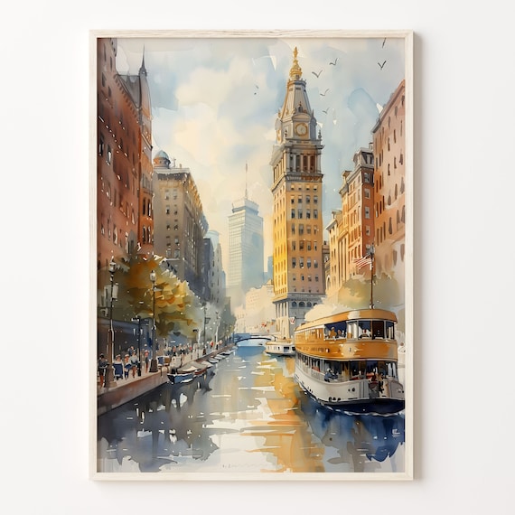 Boston Custom House Tower Canal Ferry Autumn Watercolor Print