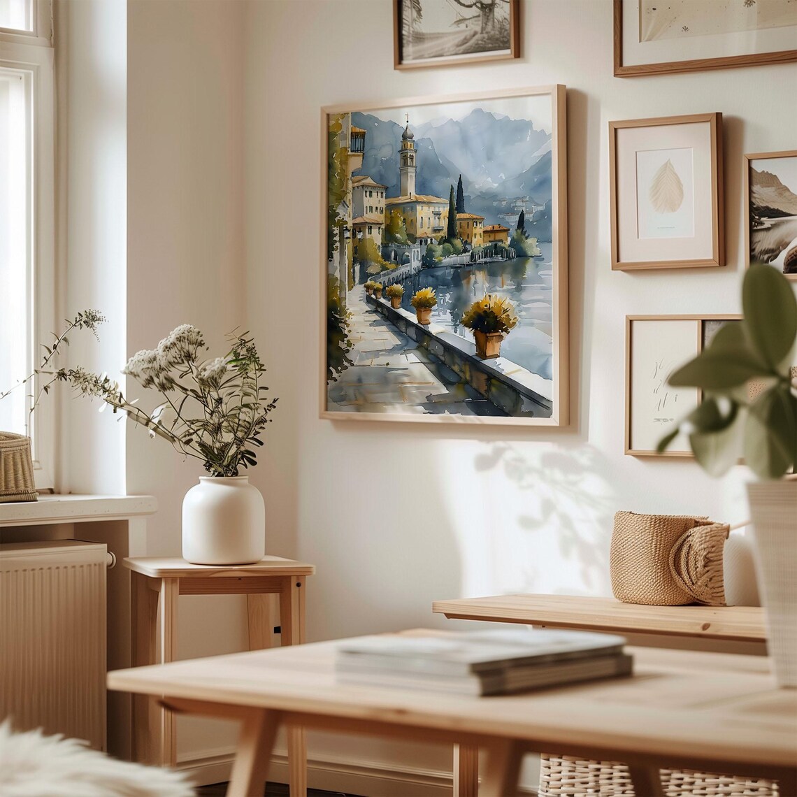 Lake Como Italy Lakeside Promenade Church Watercolor Painting Poster - Image 3