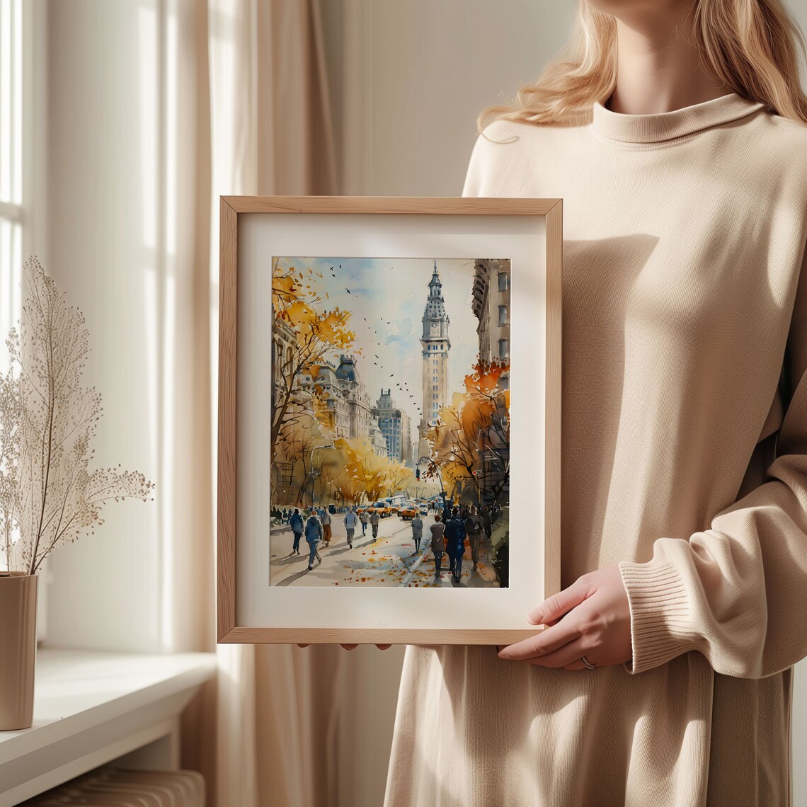 New York Autumn Watercolor Poster Busy Street Clock Tower Taxis - Image 2