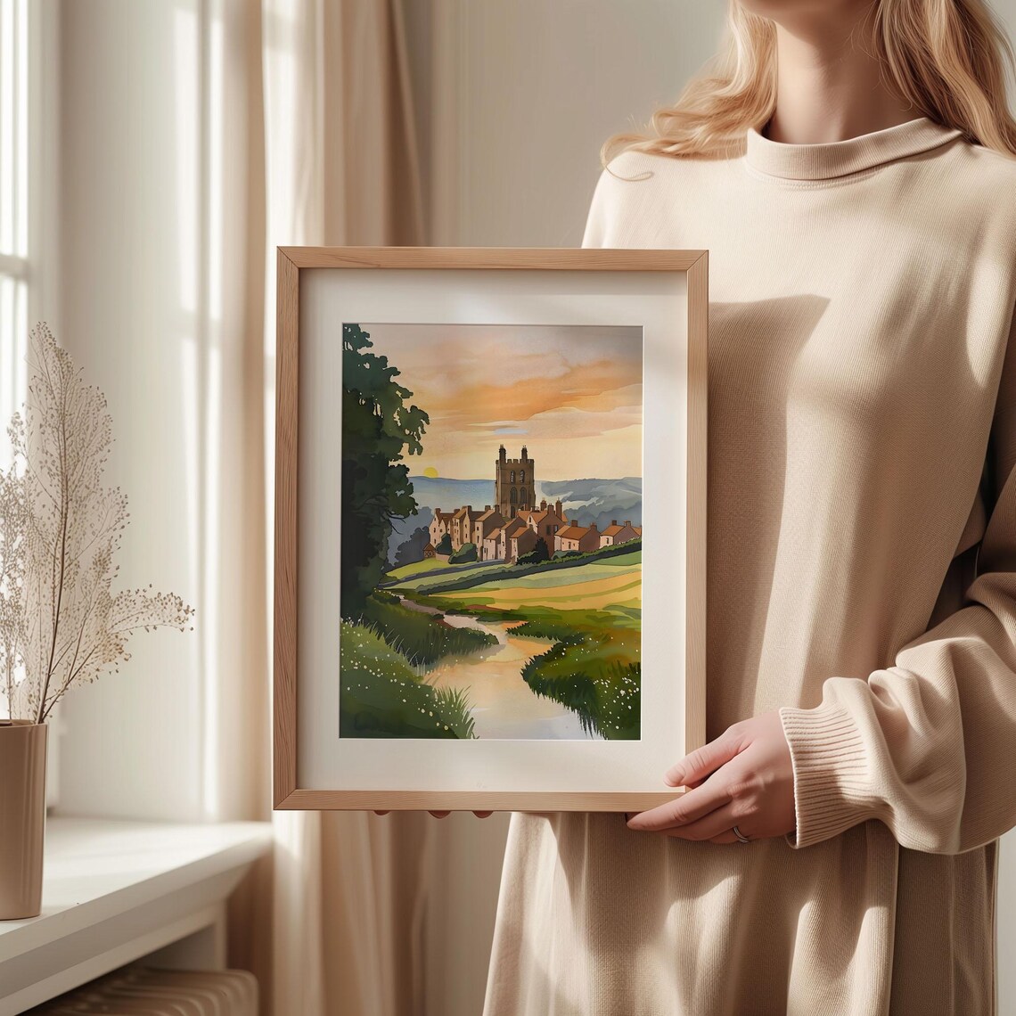 Yorkshire Abbey Ruins Sunset Meadow Golden Watercolor Travel Poster - Image 2