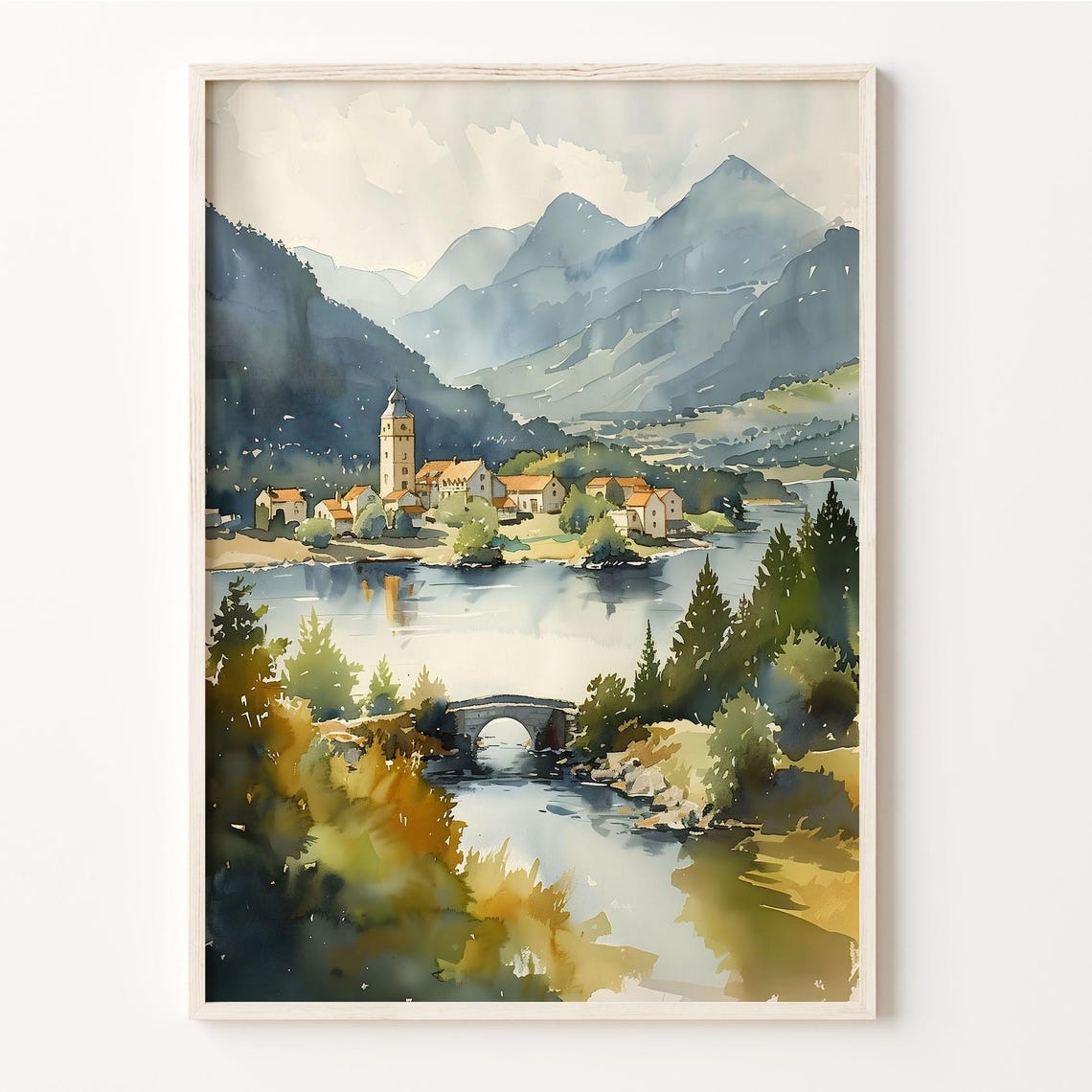 Killarney Ireland Lakeside Village Stone Bridge Watercolor Poster