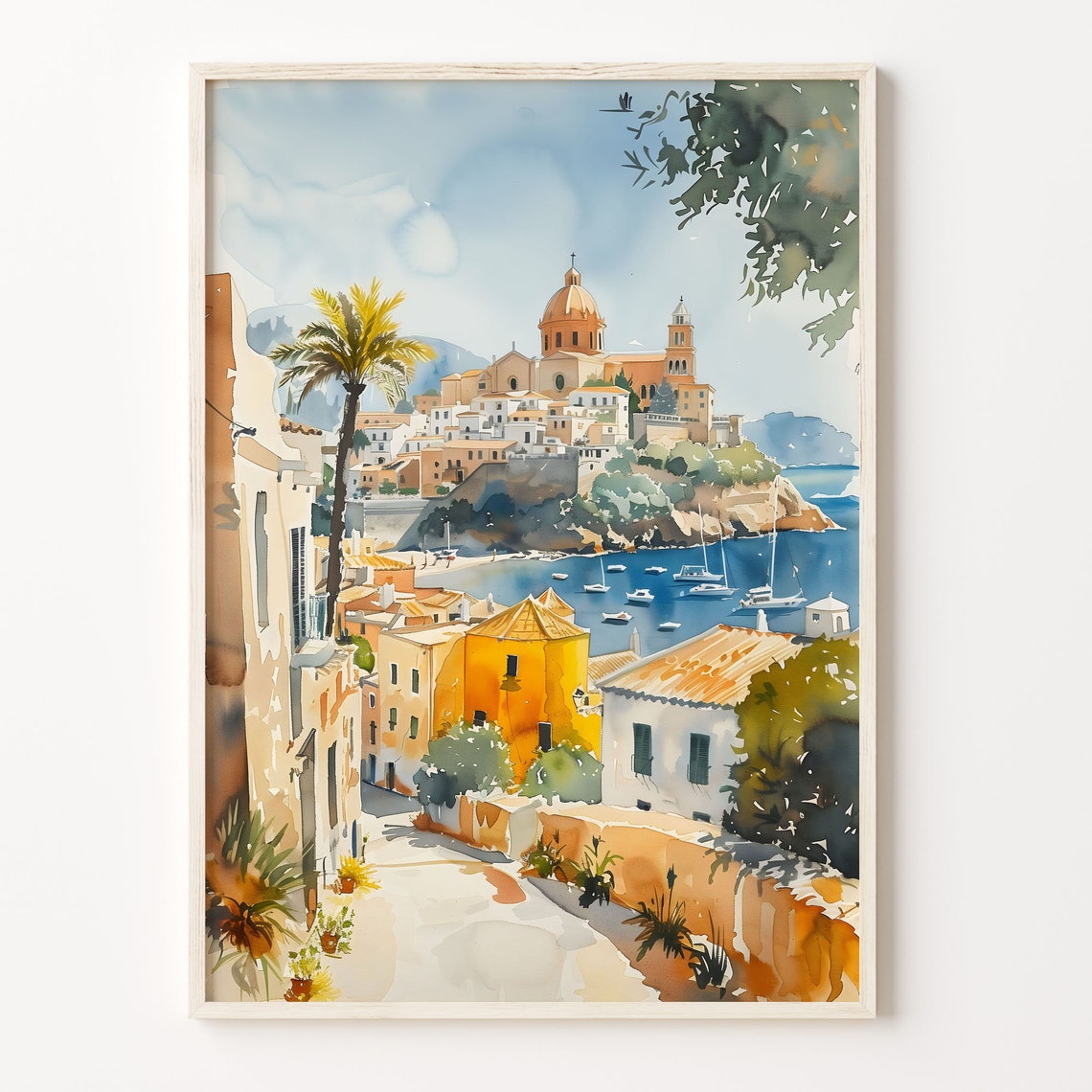 Ibiza Spain Old Town Harbour Palm Tree Sunset Watercolor Poster