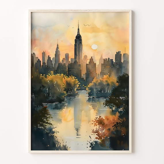 New York Skyline Watercolor Travel Poster, NYC