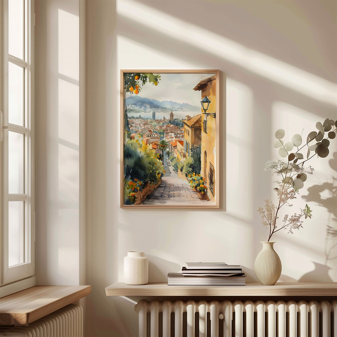 Barcelona Rooftops Orange Trees Hilltop View Watercolor Poster - Image 4