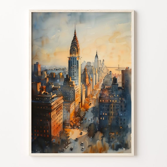 New York Skyline Watercolor Art Print, Cityscape