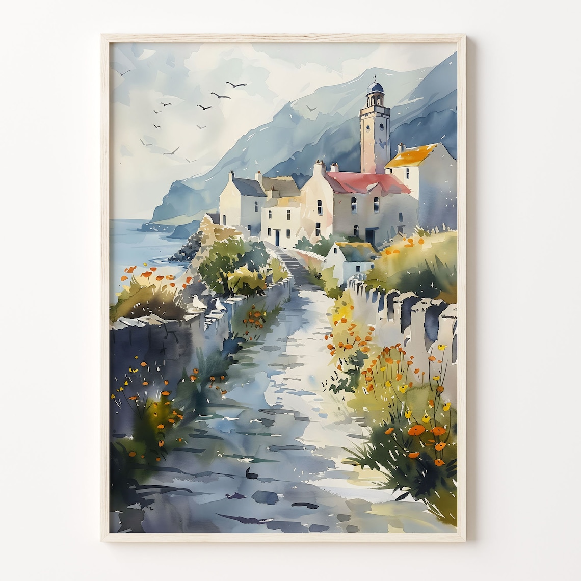 Galway Ireland Watercolor Poster Coastal Village Church Mountains