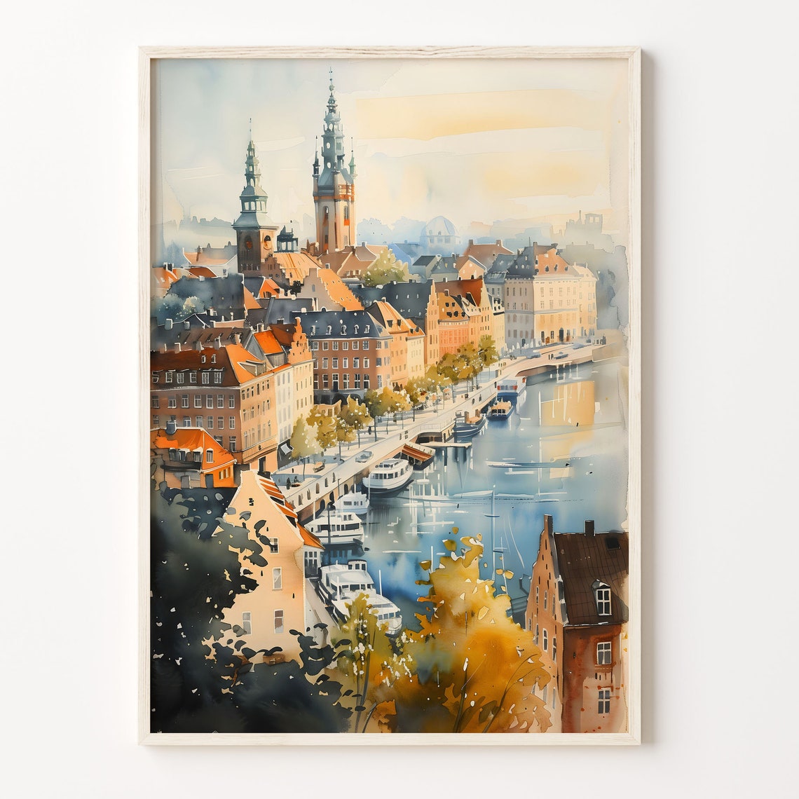 Copenhagen Harbor Watercolor Poster Ships Canal Colorful Rooftops