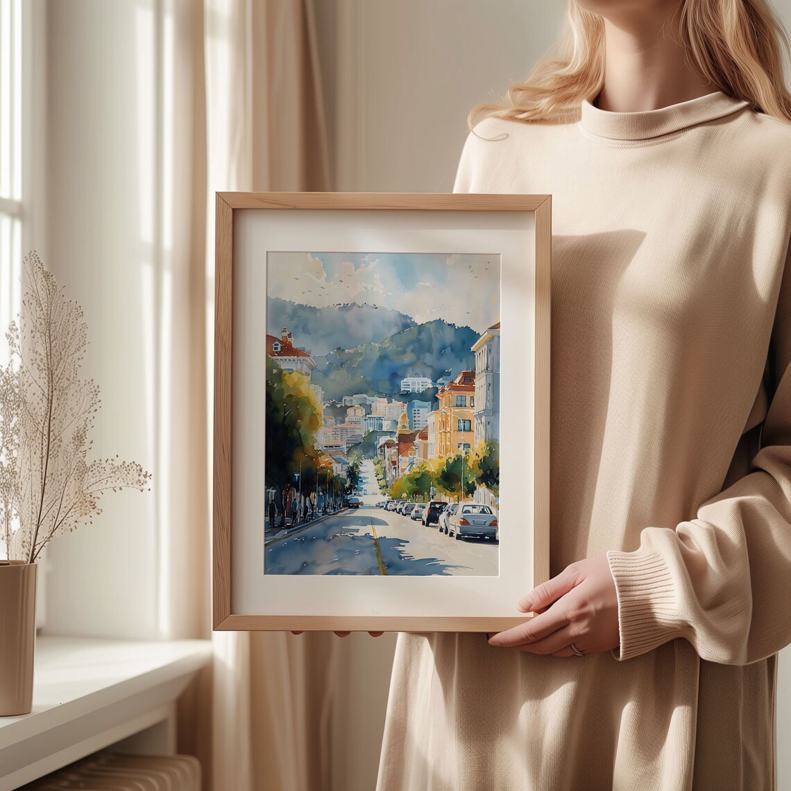 Wellington New Zealand Evening Street Scene Watercolor Poster - Image 2