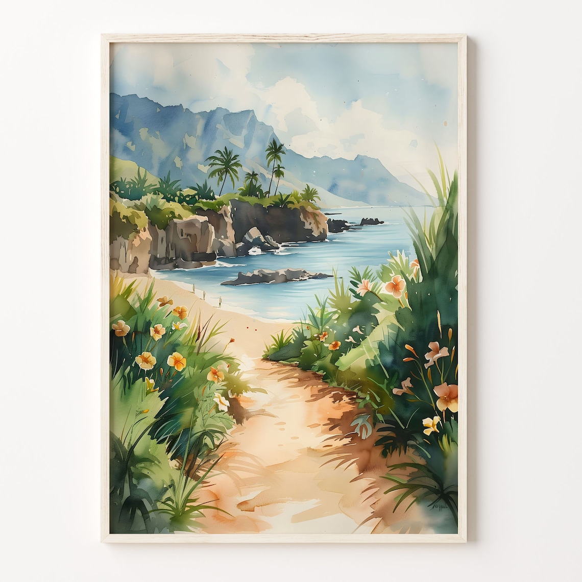 Maui Watercolor Travel Poster, Hawaii Beach Art