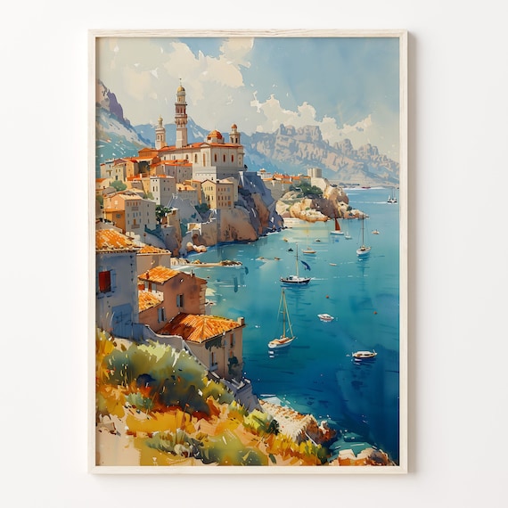 Marseille Harbor Watercolor Poster Cliffside Church Sailboats Bay