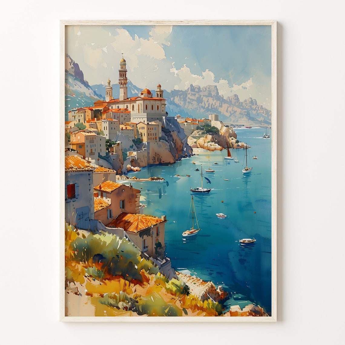 Marseille Watercolor Painting French Riviera Poster City Skyline Wall Art Provence Travel Print Housewarming Gift C30 485