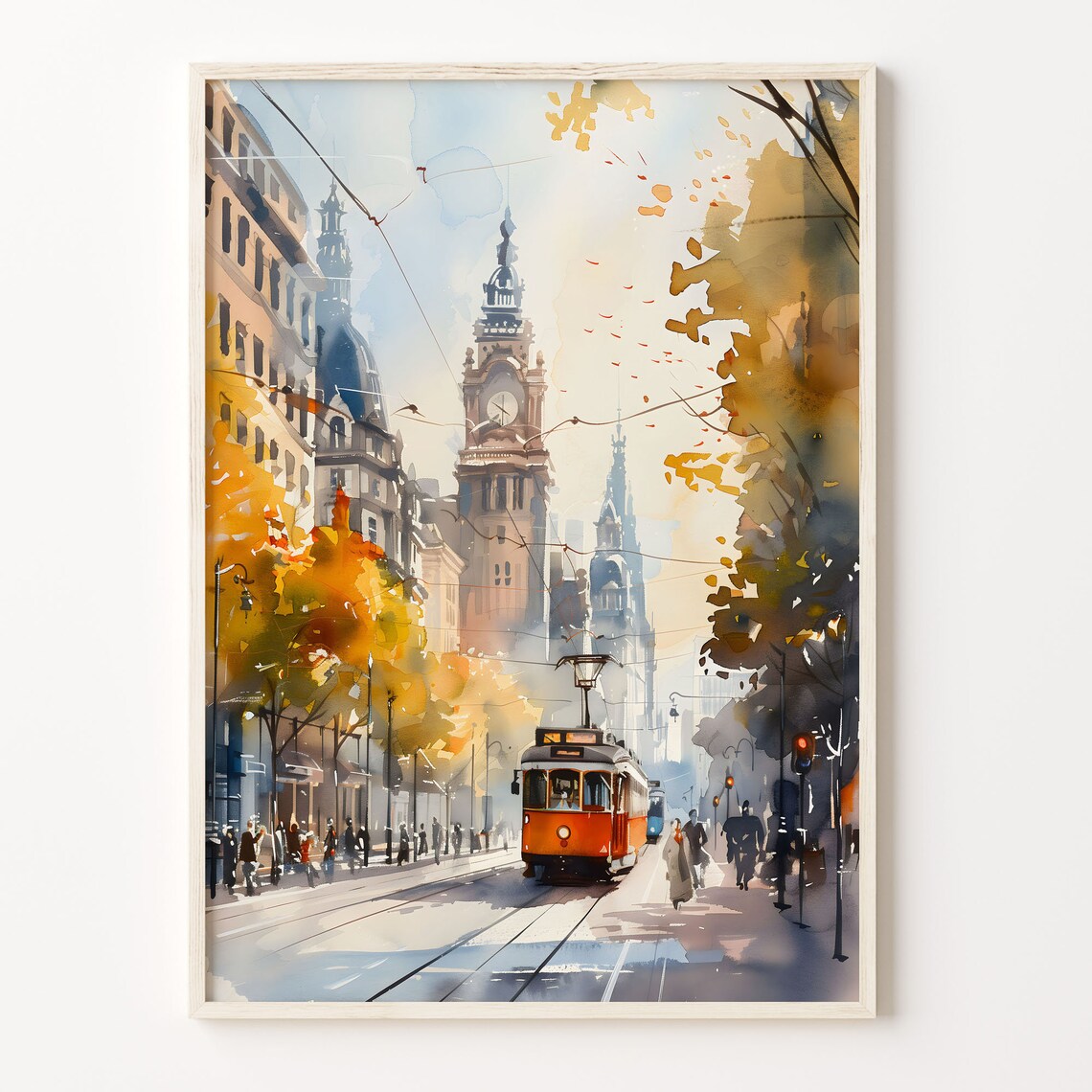 Manchester UK Autumn Tram Street Clock Tower Watercolor Travel Poster