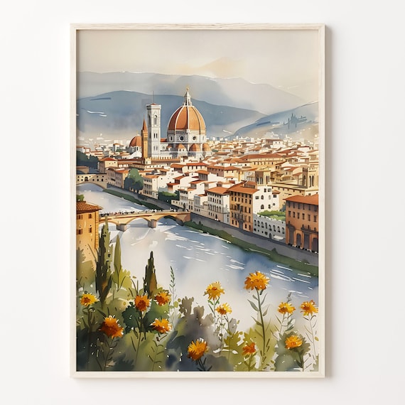 Florence Watercolor Travel Poster, Italy City Art