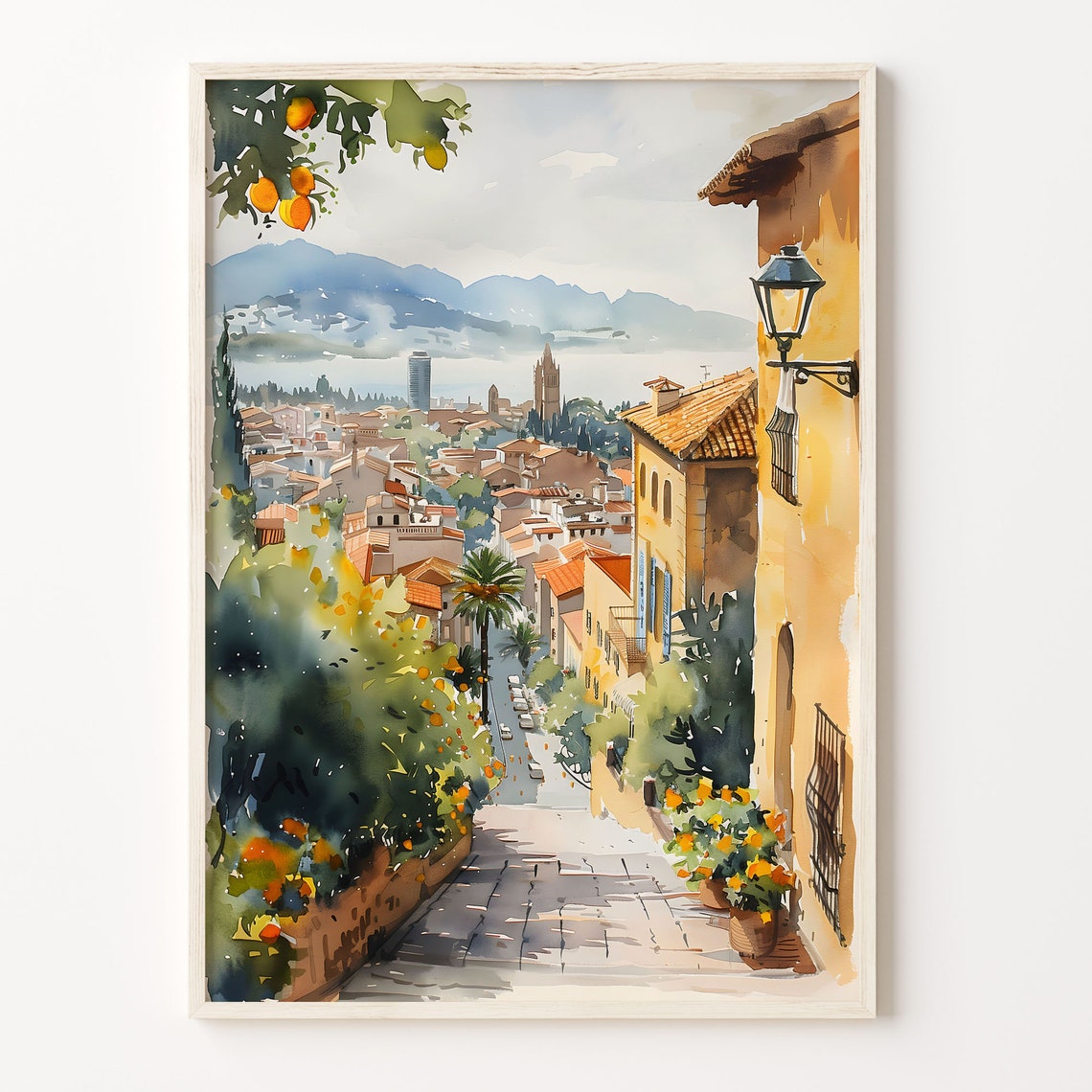 Barcelona Rooftops Orange Trees Hilltop View Watercolor Poster
