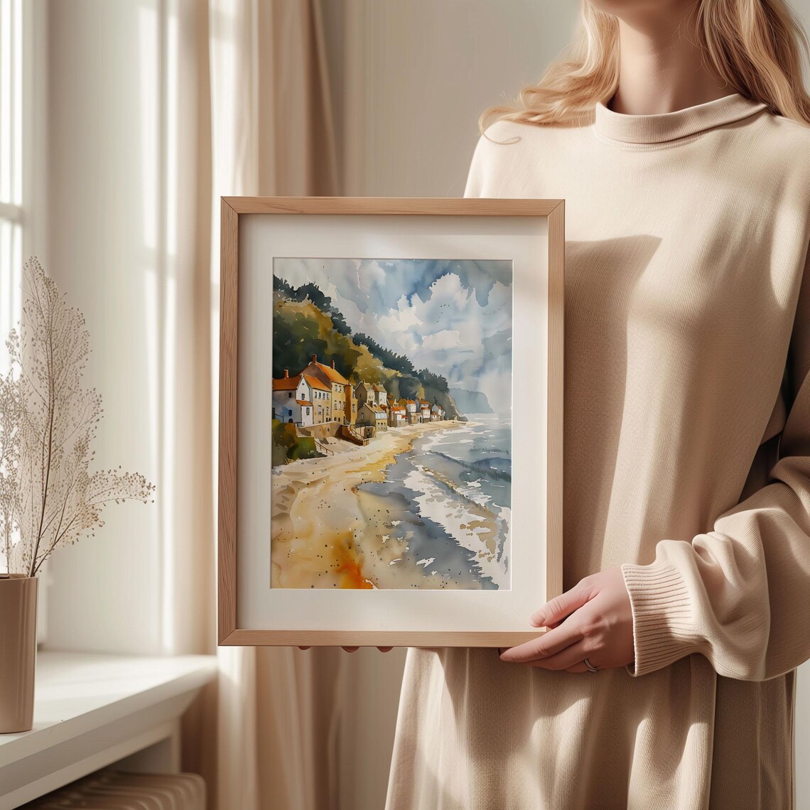 Filey Yorkshire Coastal Village Beach Watercolor Painting Poster - Image 2