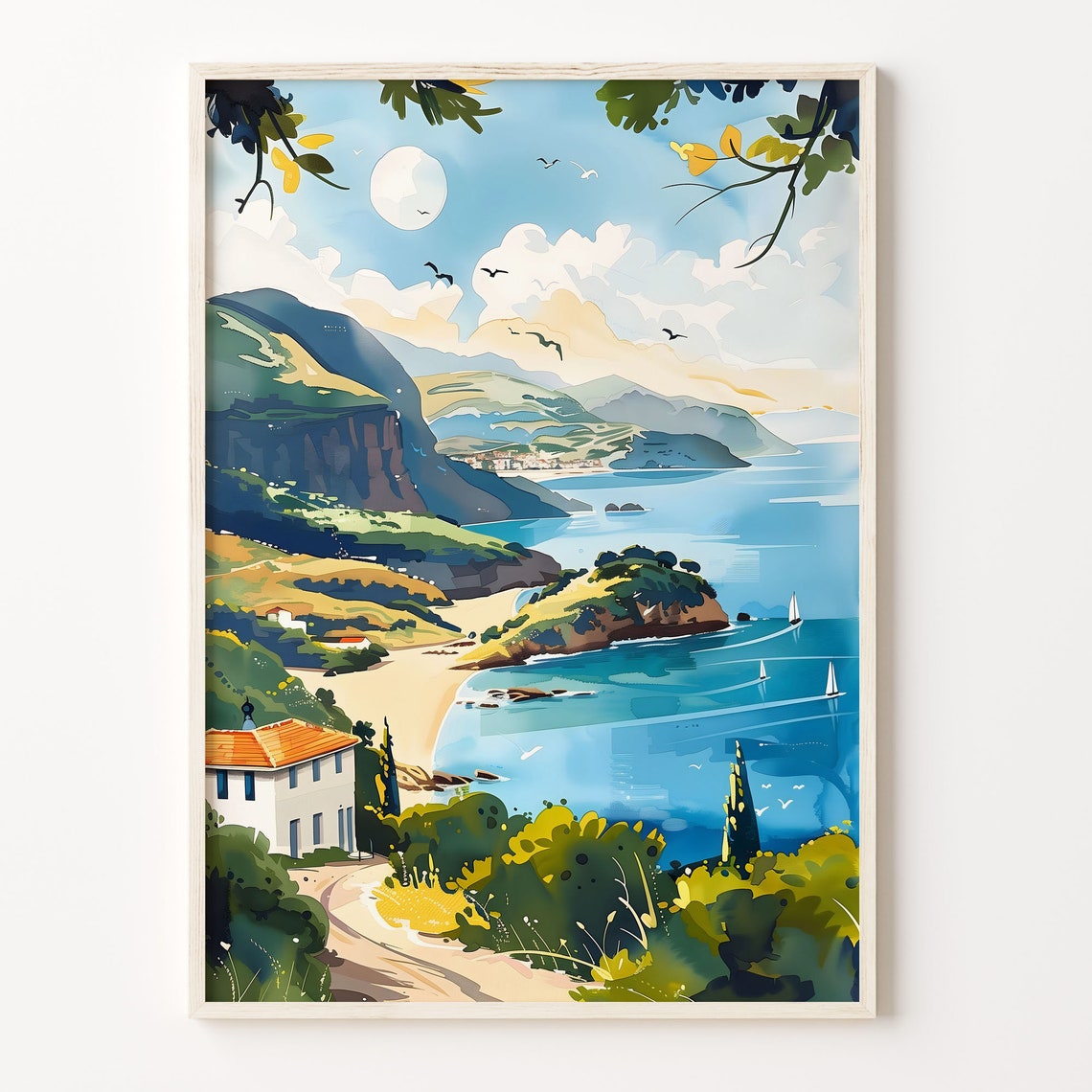 Olu Deniz Turkey Turquoise Bay Mountain Framed Watercolor Print