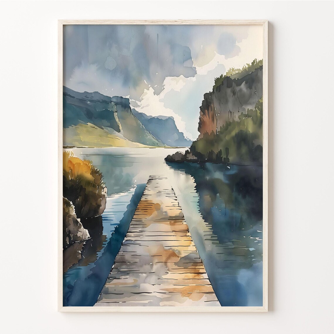 Iceland Blue Lagoon Wooden Jetty Calm Water Cliffs Watercolor Poster