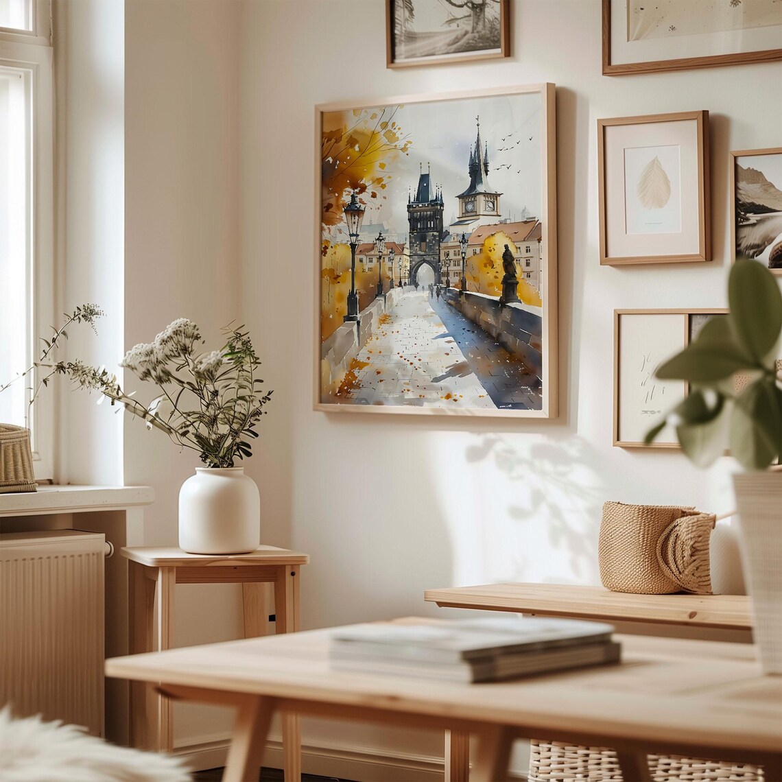 Prague Charles Bridge Autumn Golden Hour Watercolor Travel Poster - Image 3