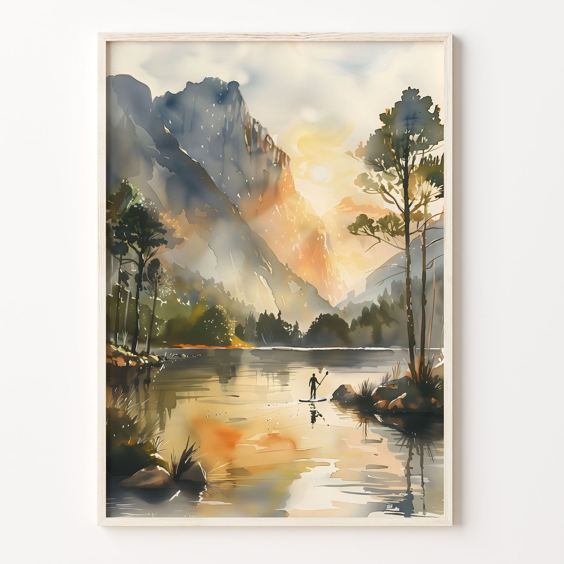 Mountain Lake Sunrise Paddleboard Adventure Watercolor Poster