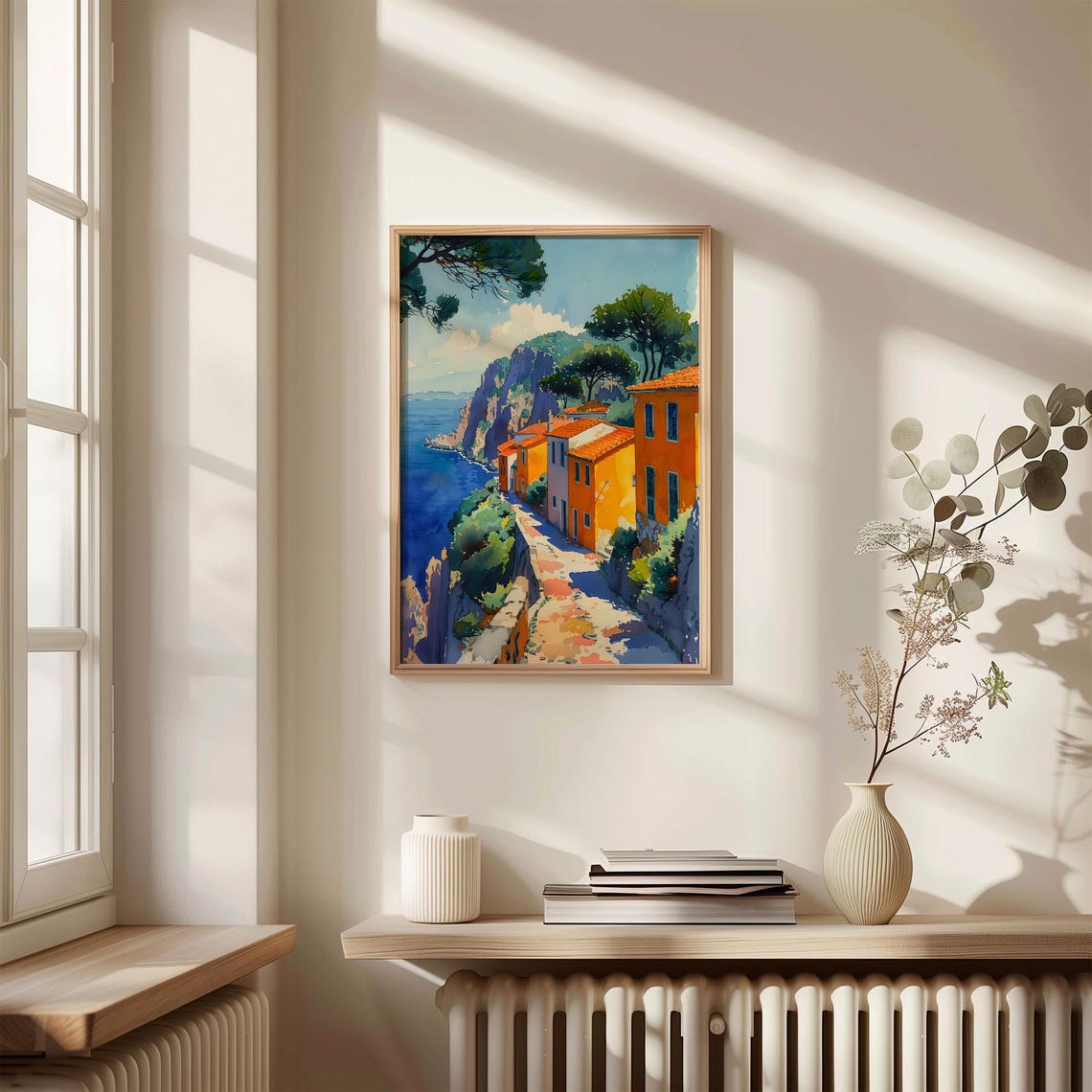 Lefkada Greece Orange Cliffside Houses Deep Blue Sea Watercolor Poster - Image 4