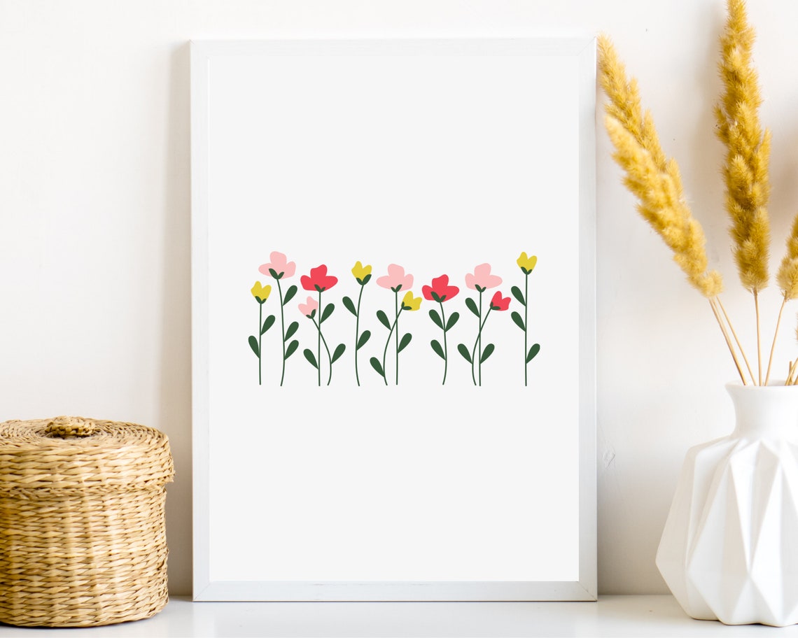 Minimalist Colorful Flower Row Flat Illustration White Modern Art Poster