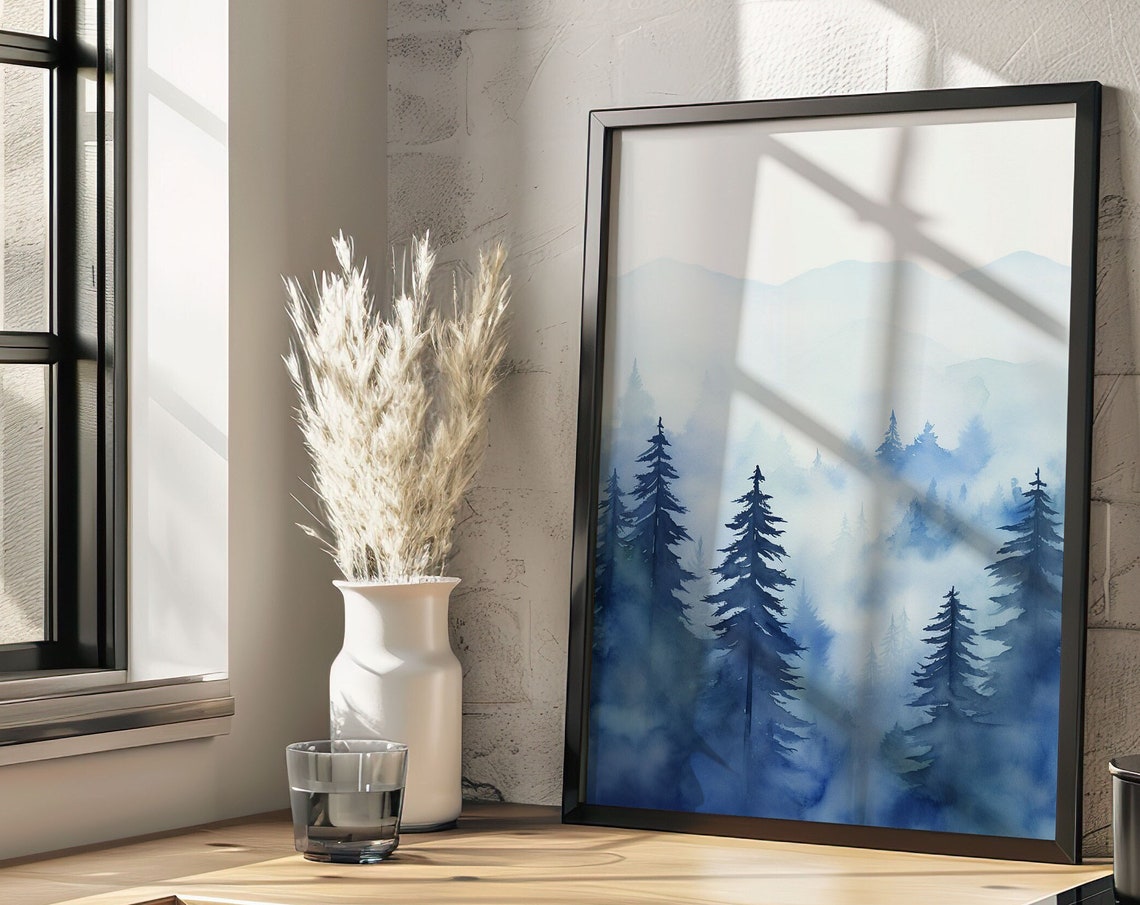 Blue Misty Pine Forest Watercolor Layered Mountain Landscape Poster