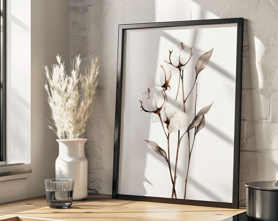 White Cotton Branches Soft Neutral Botanical Watercolor Poster
