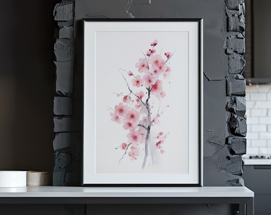 Pink Cherry Blossom Branch Watercolor Japanese Spring Poster