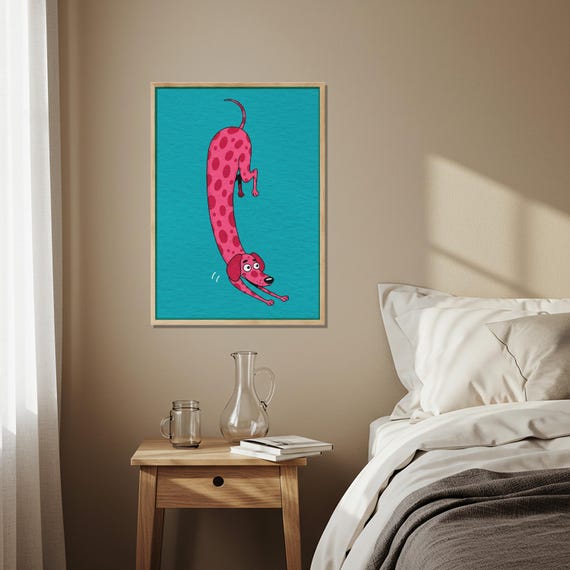 Dog Wall Art Wooden Decor Framed Wood Print Funny Animal Poster Playful Kids Room Artwork Colorful Modern Home Decoration