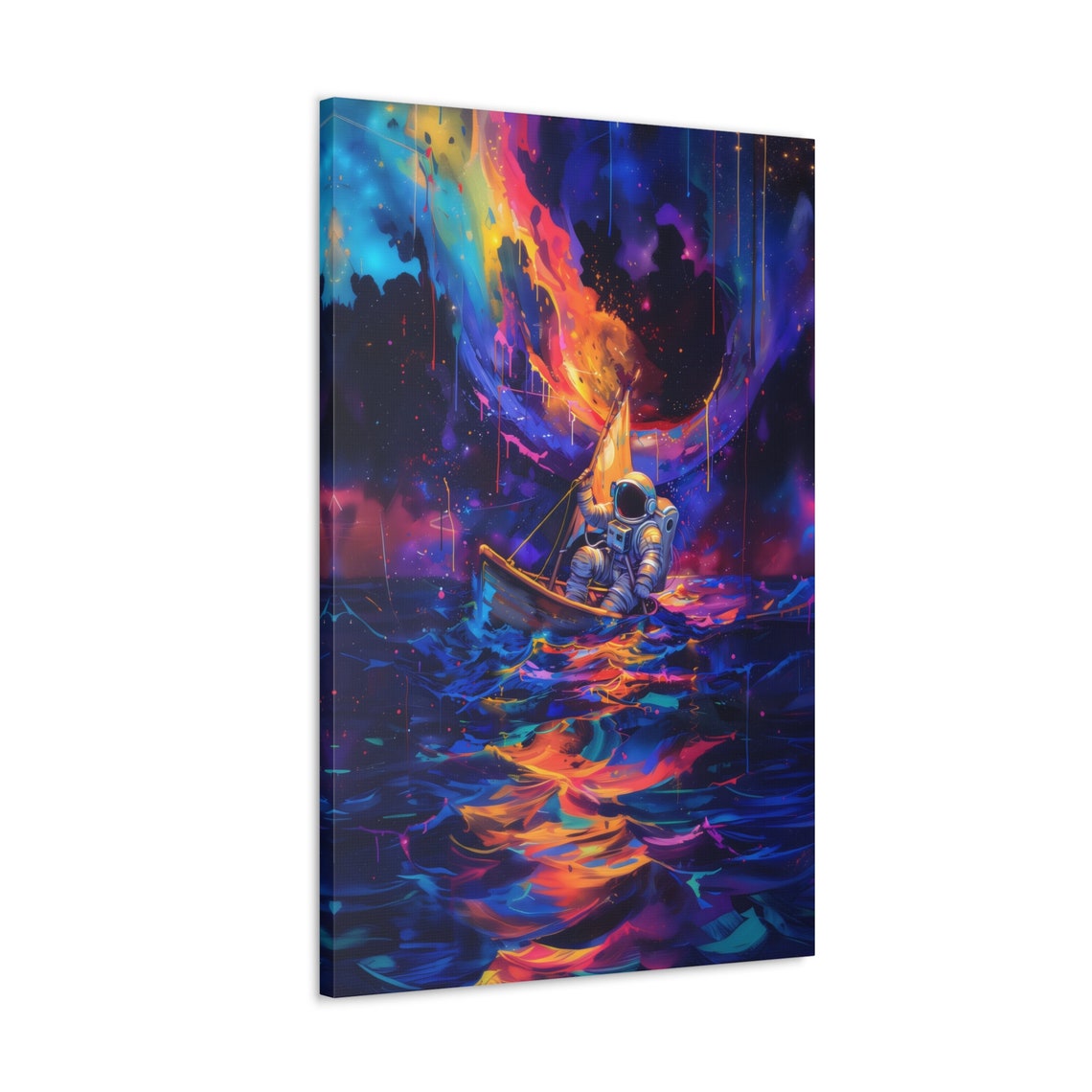 Astronaut Sailing Through Neon Cosmic Nebula Watercolor Space Wall Art - Image 2